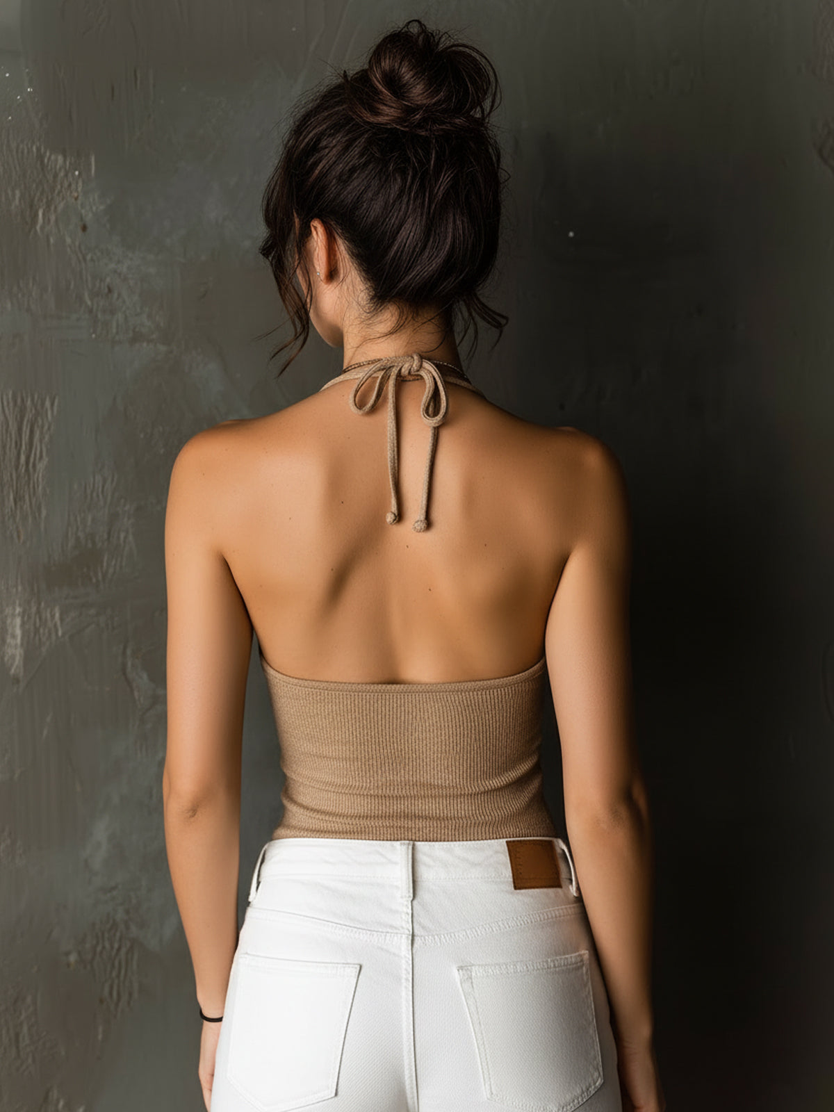 ElevenOra Chic Elegant Camel Strappy Button Detail Sleeveless Slim-Fit Ribbed Knit Camisole