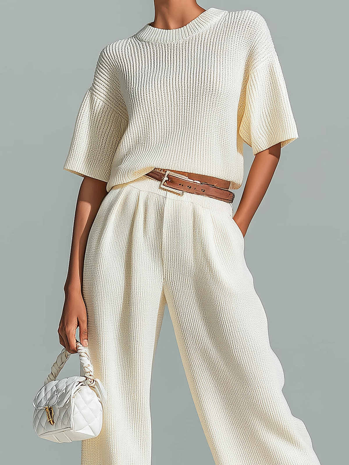 ElevenOra Stylish Elegant White Crew Neck Short-Sleeve Loose-Fit Sweater Waist Belted  Wide-Leg Pants Ribbed Knit Two-Piece Set