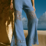 ElevenOra Chic Elegant Blue High Waist Cotton Blend Lace Patchwork Detail Wide-Leg Pants