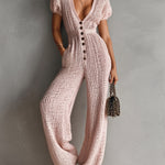 ElevenOra Chic Elegant Pink Deep V-Neck Button Front Short Sleeve Tailored Waist Wide Leg Breathable Knit Jumpsuit