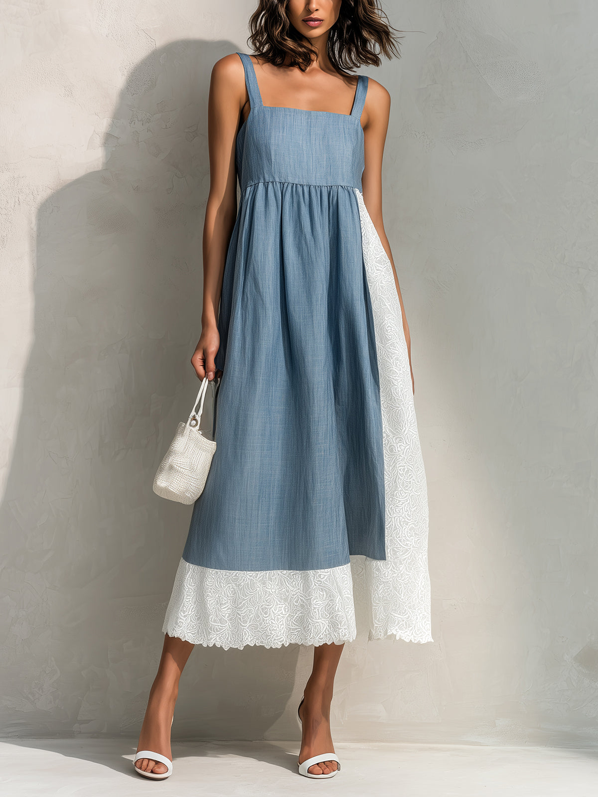 ElevenOra Chic Elegant Dark Blue-White Colorblock Patchwork Cotton Linen Blend Square-Neck Sleeveless Loose-Fit Midi Dress