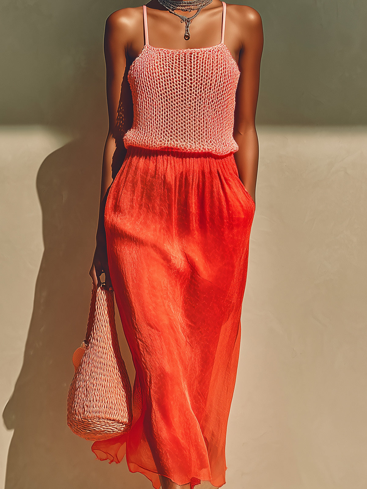 ElevenOra Chic Elegant Pink Square Neck Sleeveless Knit Camisole Red Elastic Waist Satin Midi Skirt Two-Piece Set