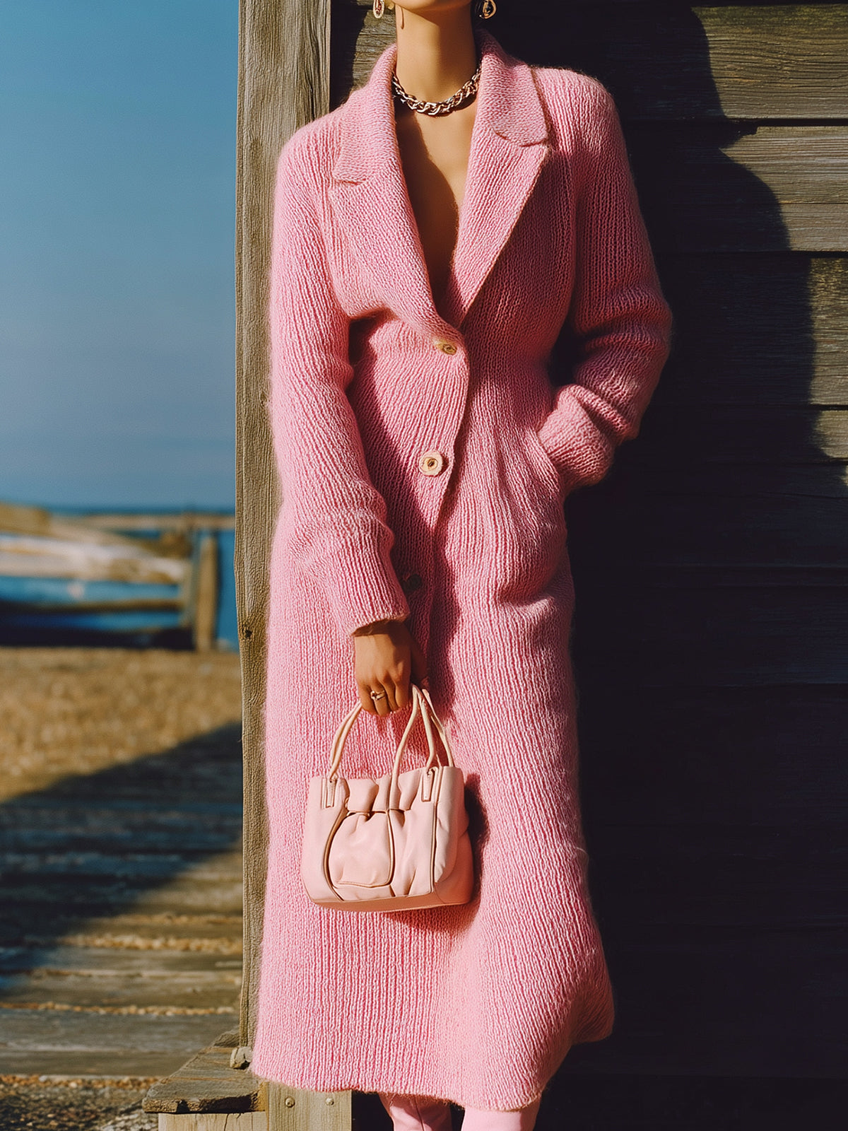 ElevenOra Stylish Elegant Pink Blazer Collar Single-breasted Slim-fit Long-sleeved Knit Maxi Dress