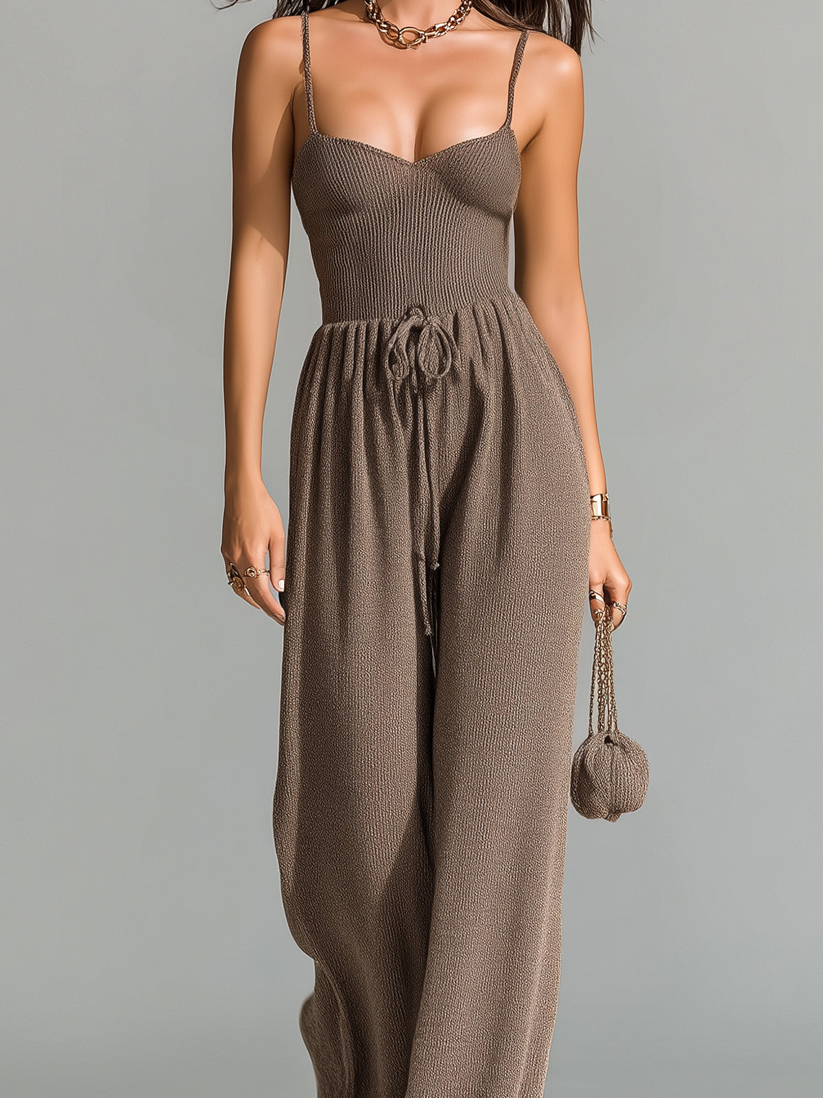 ElevenOra Chic Elegant Brown V-Neck Sleeveless Thin Straps Tailored Waist Wide-Leg Ribbed Knit Jumpsuit