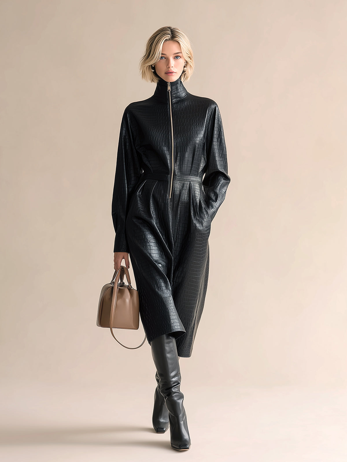 ElevenOra Chic Vintage Black Crocodile-Patterned PU Stand Collar Zipper-Front Long Sleeve Tailored Waist Midi Dress