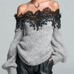 ElevenOra Chic Casual Gray Off-The-Shoulder Lace Trim Detail Long Sleeve Oversized Knit Sweater Top
