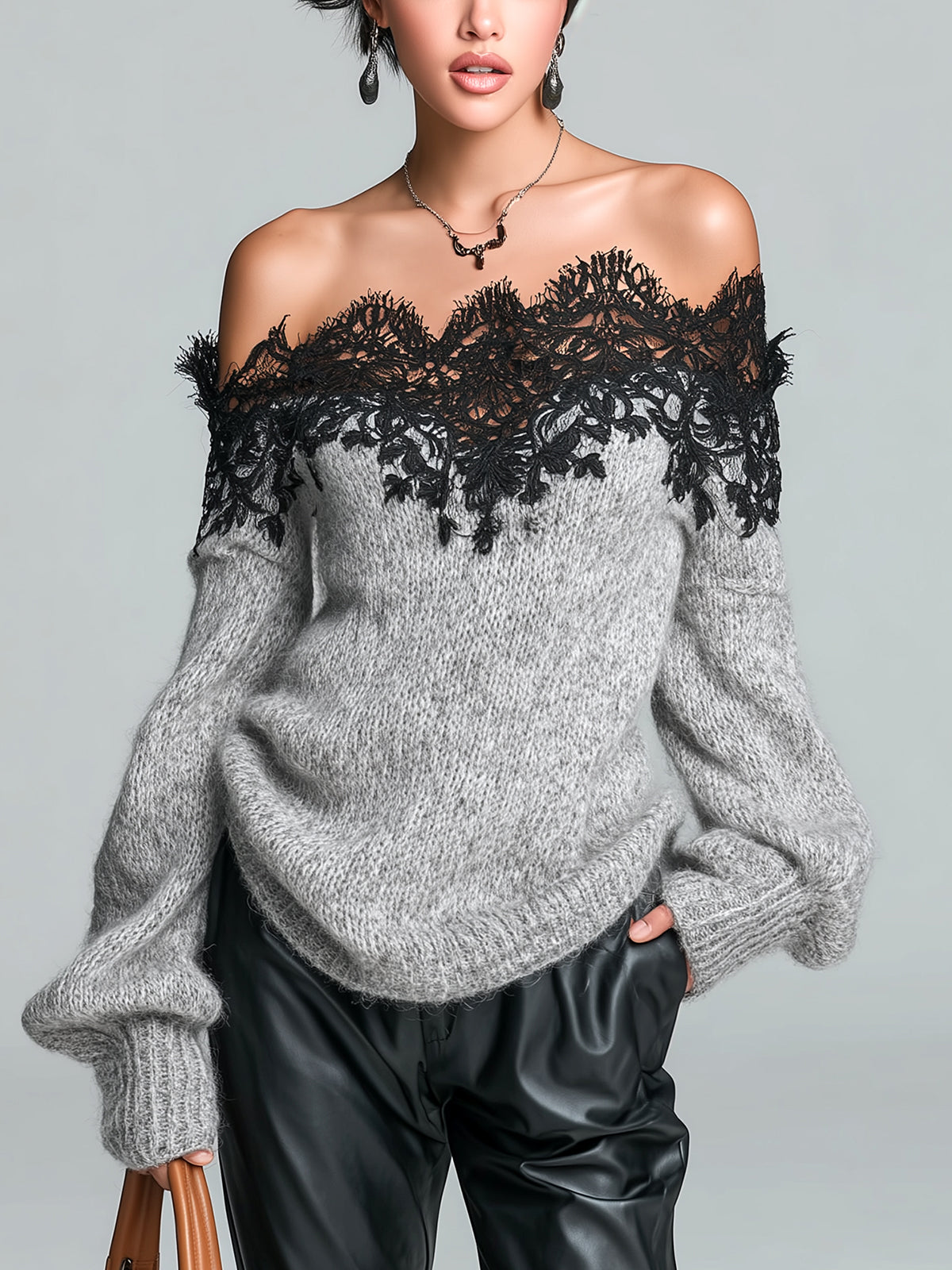 ElevenOra Chic Casual Gray Off-The-Shoulder Lace Trim Detail Long Sleeve Oversized Knit Sweater Top