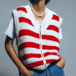 ElevenOra Chic Casual Red White Stripes V-Neck Zipper-Front Oversize Knit Vest