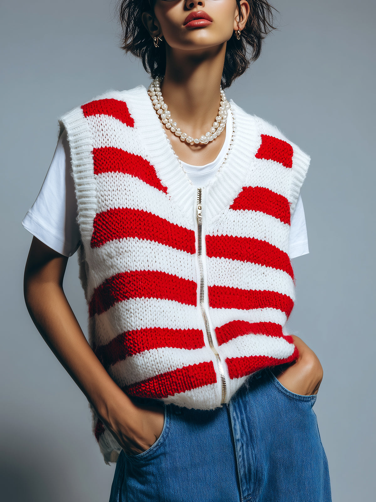 ElevenOra Chic Casual Red White Stripes V-Neck Zipper-Front Oversize Knit Vest