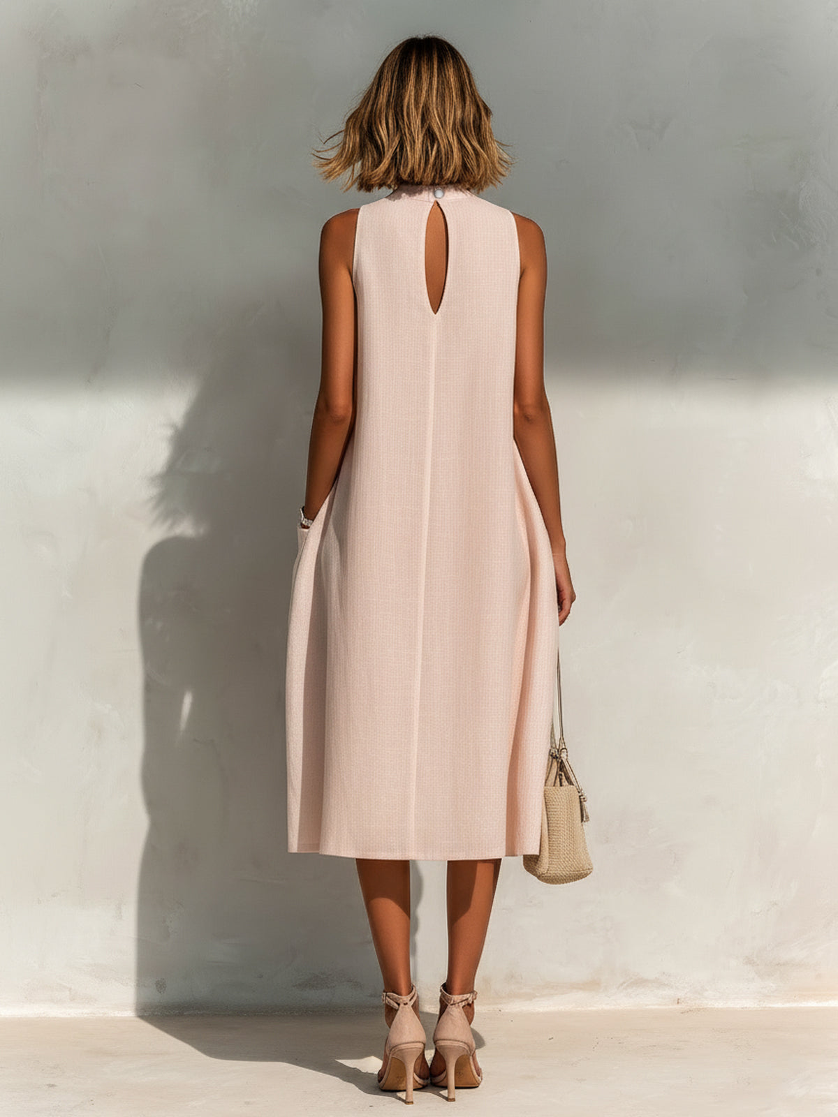 ElevenOra Chic Elegant Light Pink Linen Round-Neck Sleeveless Pleats Detail Patch Pockets Loose-Fit A-Line Midi Dress