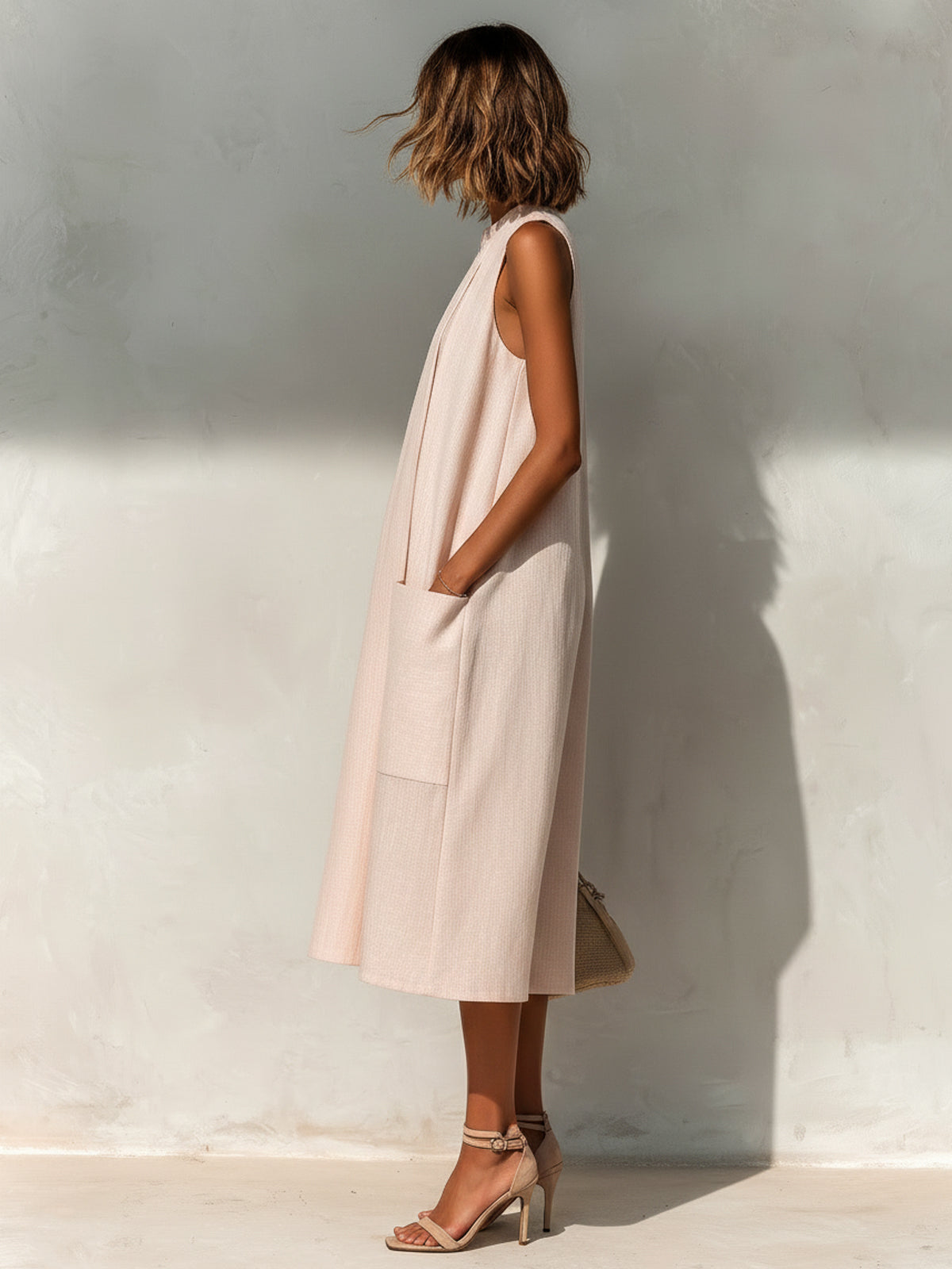 ElevenOra Chic Elegant Light Pink Linen Round-Neck Sleeveless Pleats Detail Patch Pockets Loose-Fit A-Line Midi Dress