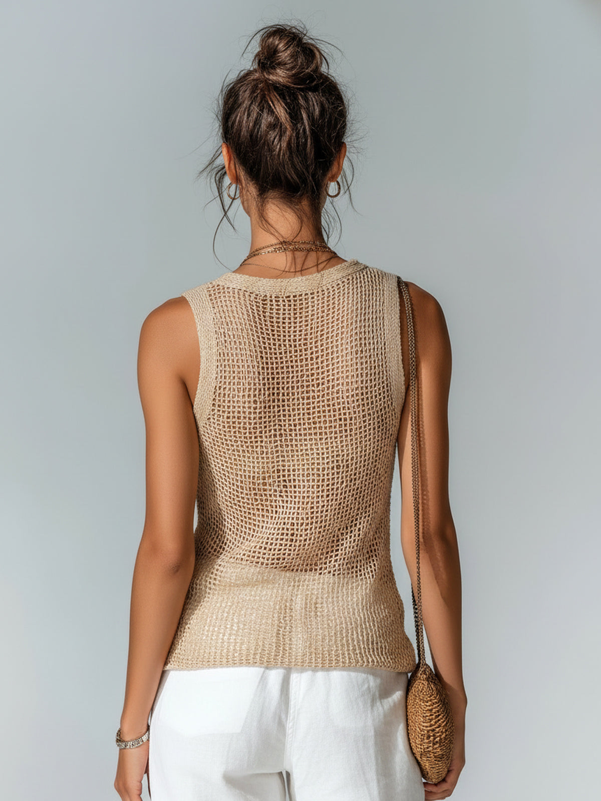 ElevenOra Chic Elegant Camel V-Neck Button-Front Sleeveless Slim-Fit Mesh Knit Tank Top