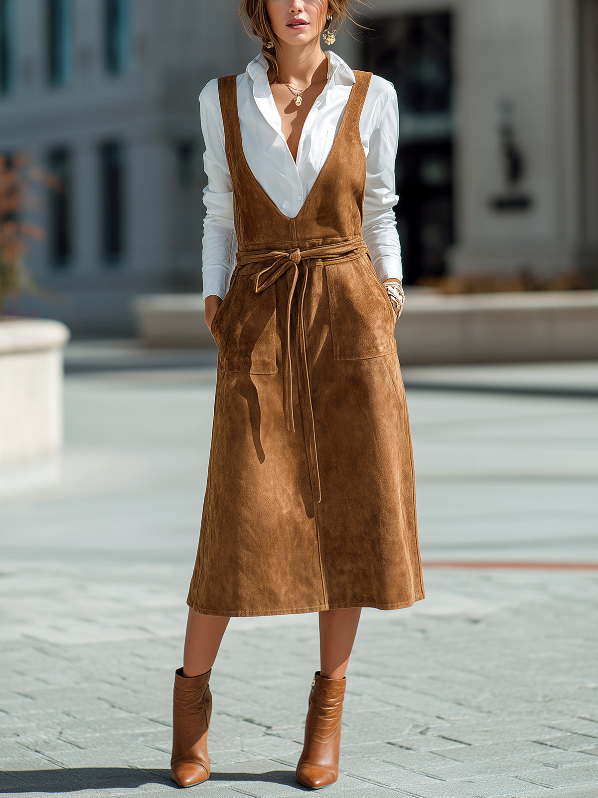 ElevenOra Chic Casual Khaki Faux Suede Deep V-Neck Belted Patch Pocket A-Line Pinafore Midi Dress