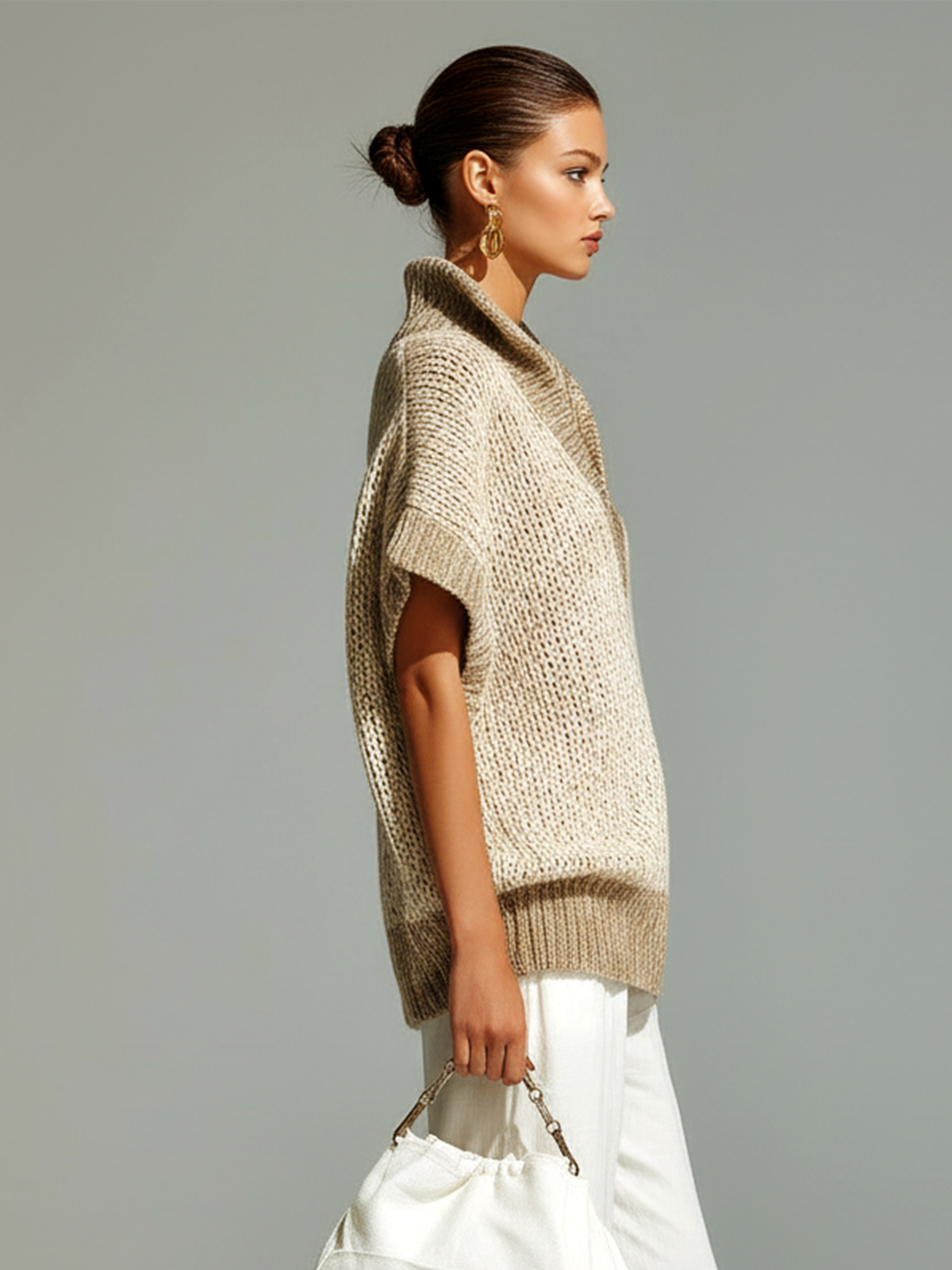 ElevenOra Fashion Casual Beige Stand-Collar Colorblock Loose Sleeveless Knit Vest