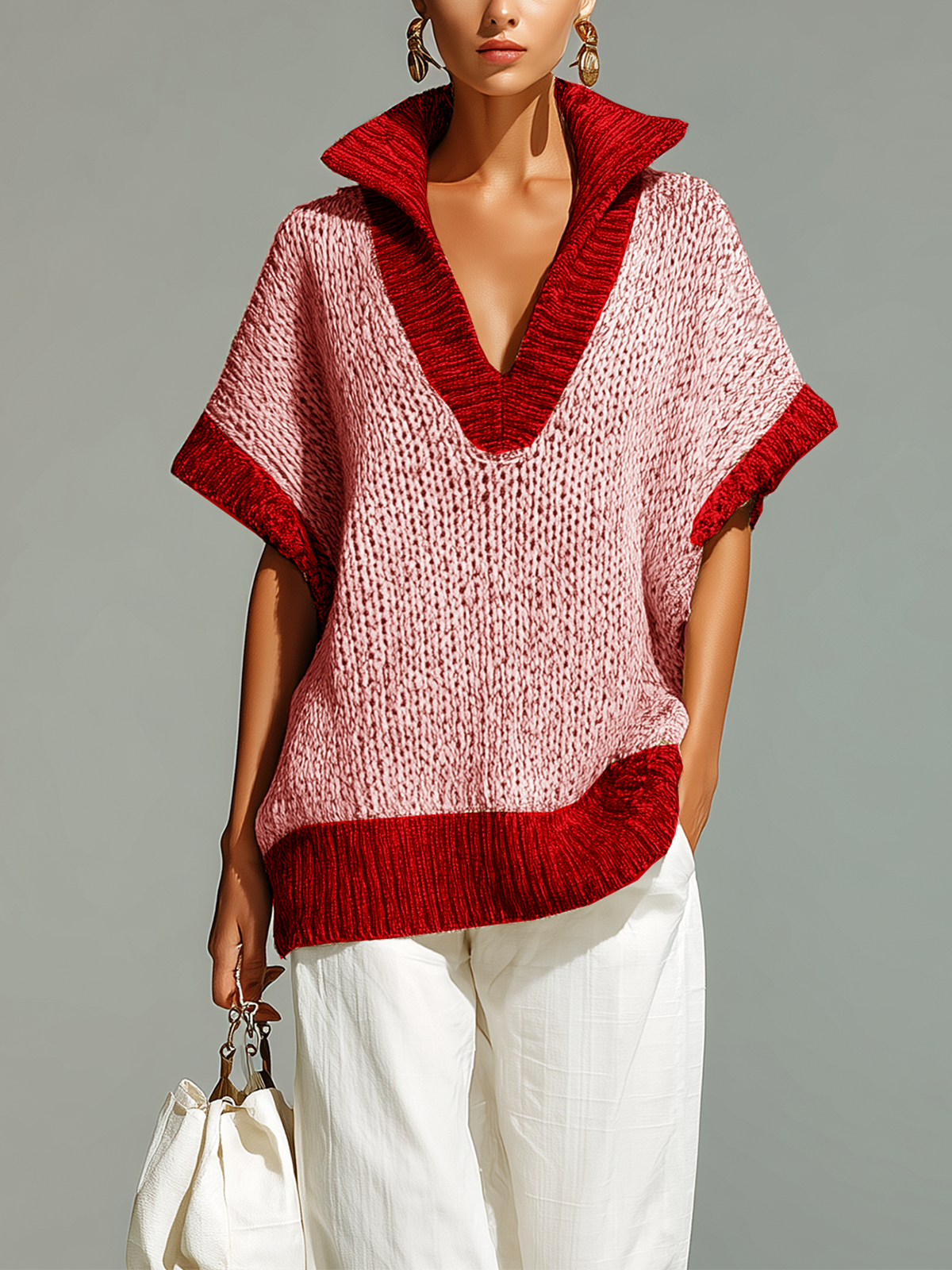 ElevenOra Fashion Casual Beige Stand-Collar Colorblock Loose Sleeveless Knit Vest