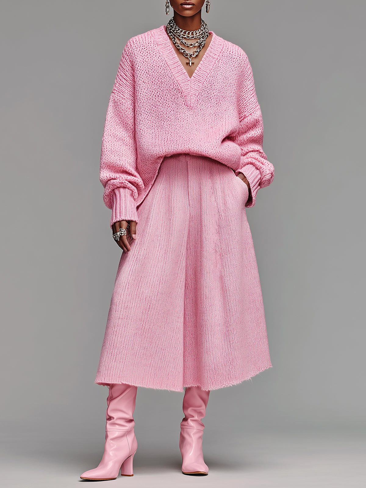 ElevenOra Chic Vintage Pink V-Neck Oversized Long-sleeve Sweater Elastic Waist A-Line Skirt Knit Two-piece Set