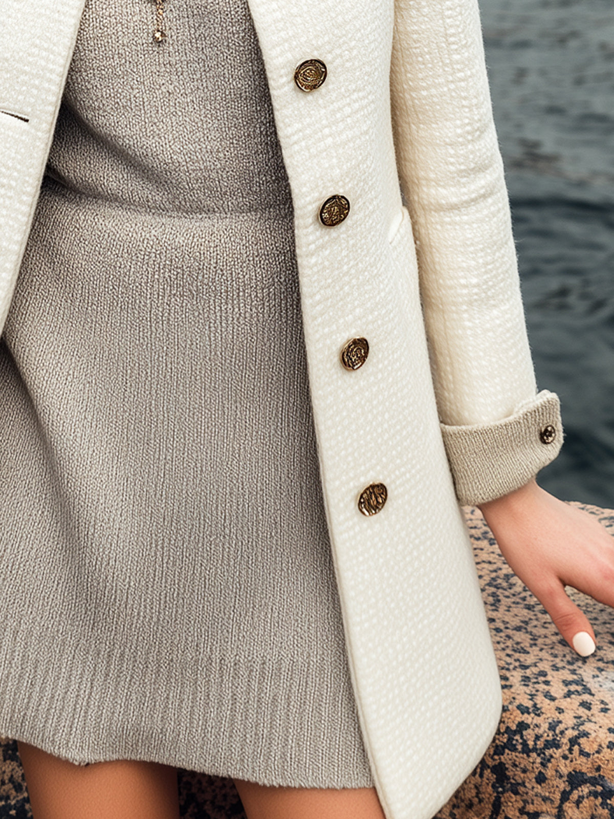 ElevenOra Vintage Elegant Contrast Stitching Tweed Lapel Single-Breasted Slim Mid-Length Coat
