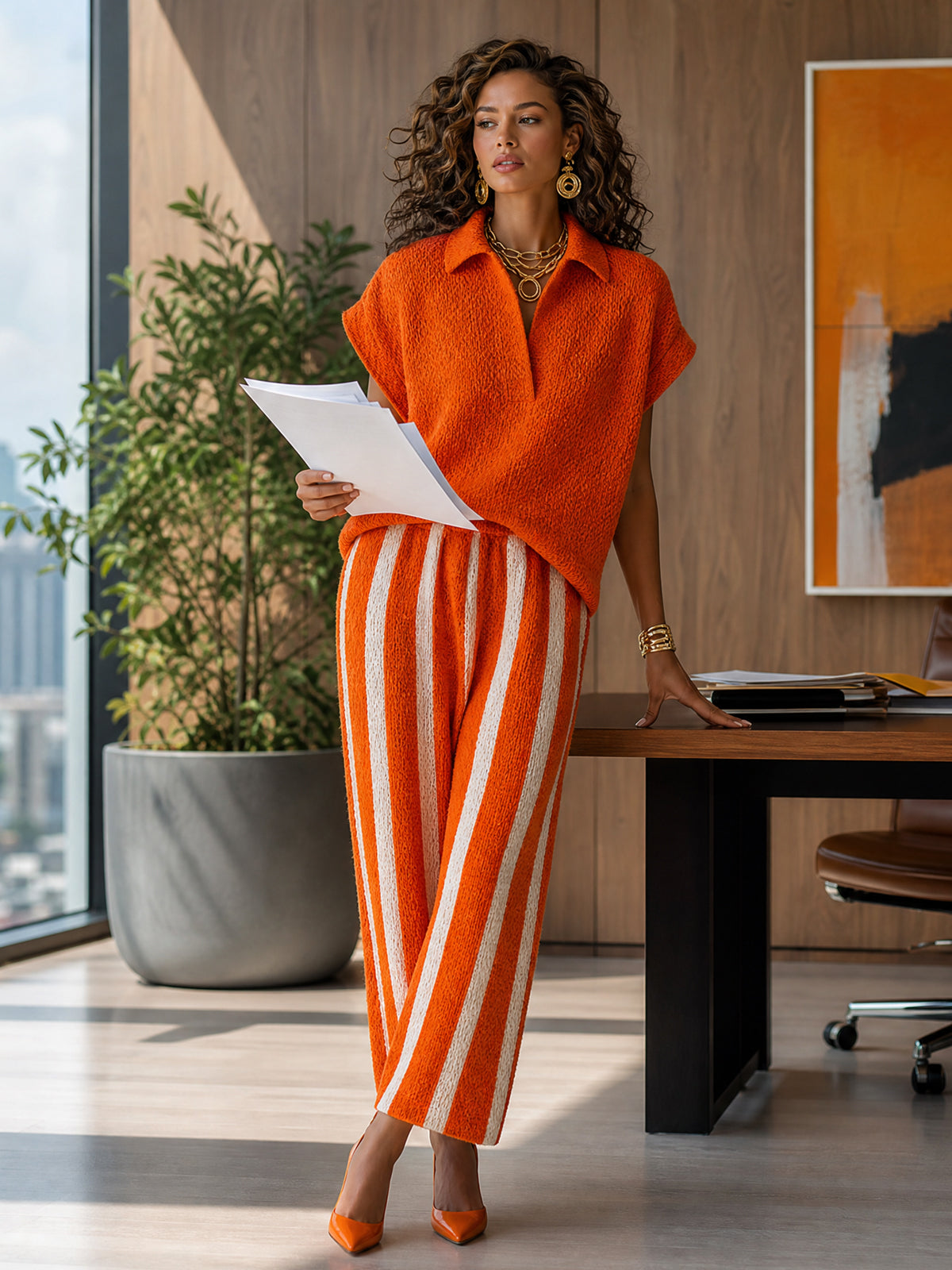 ElevenOra Chic Elegant Orange-White Colorblock Lapel V-Neck Short-Sleeve Loose-Fit Sweater Elastic-Waist Pants Knit Two-Piece Set