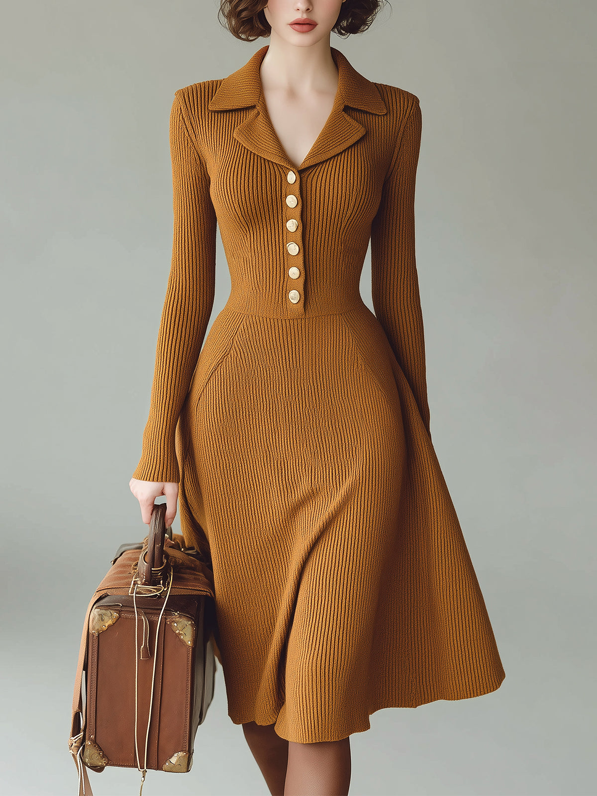 ElevenOra Vintage Elegant Notched Lapel Button Detail Fitted Waist Long-Sleeve Flared Hem Knitted Midi Dress