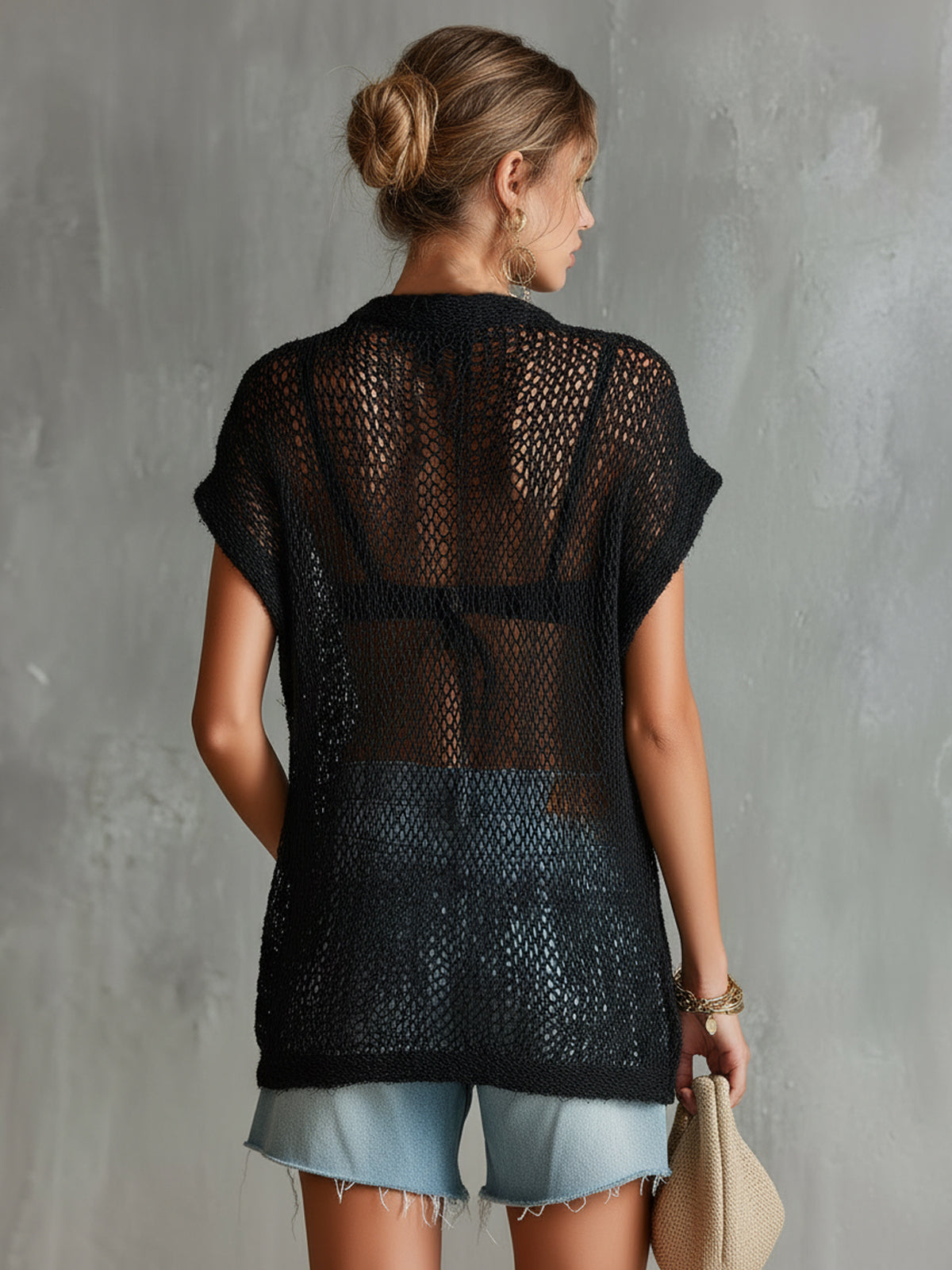 ElevenOra Chic Casual Black Round-Neck Short-Sleeve Keyhole Cutout Button-Detail Hollow-Out Loose-Fit Mesh-Knit Sweater Top