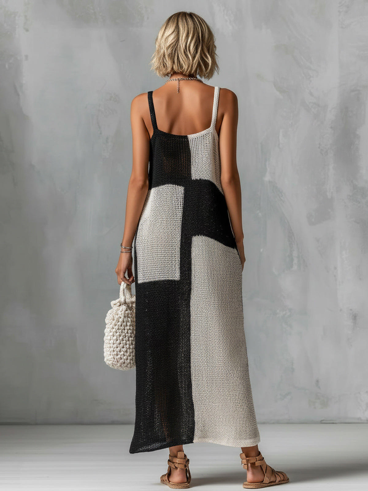 ElevenOra Chic Elegant Black-White Colorblock Spaghetti-Strap Square-Neck Sleeveless Loose-Fit Hollow-Knit Maxi Dress