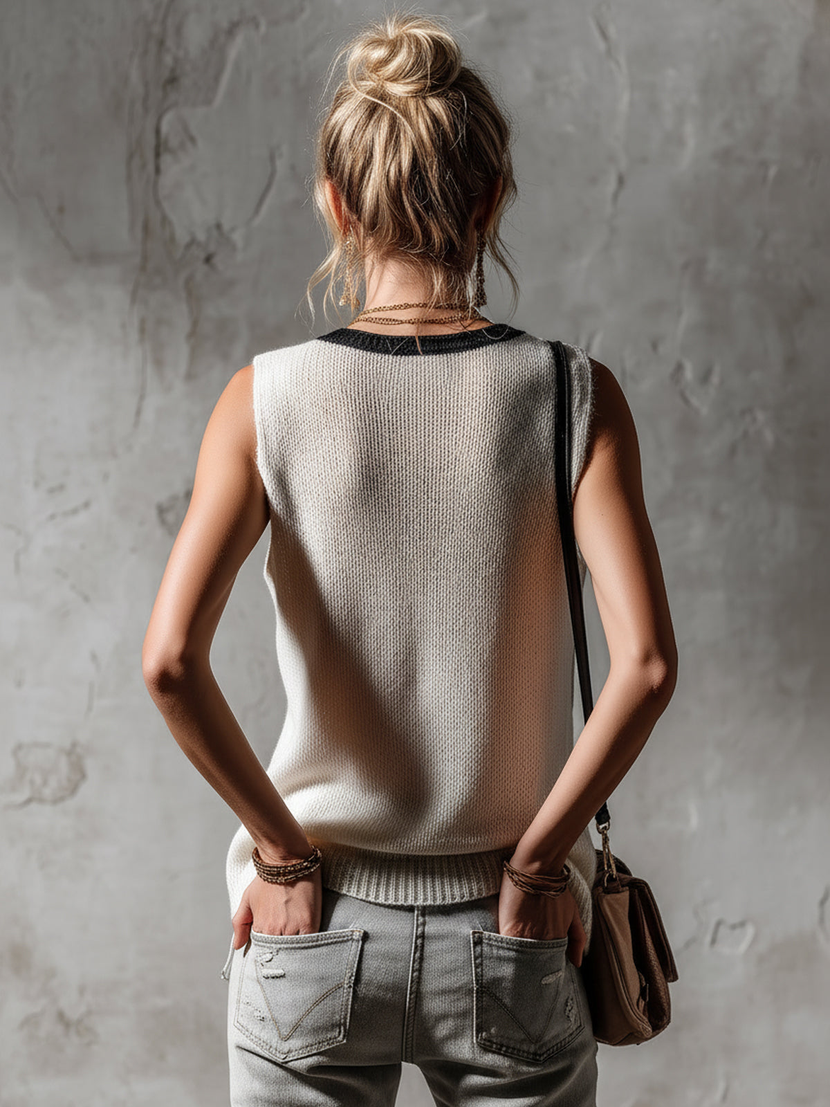 ElevenOra Chic Casual White-Black Colorblock V-Neck Sleeveless Star Jacquard Loose-Fit Knit Vest Top