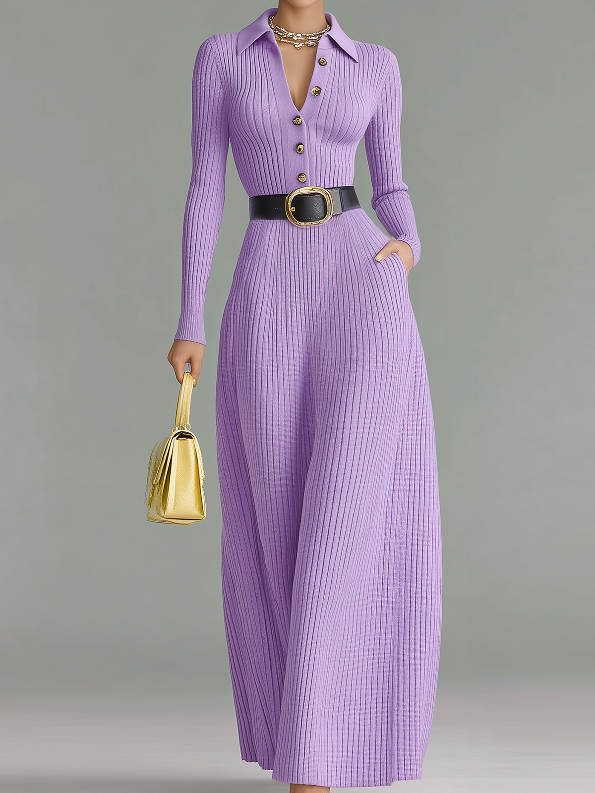 ElevenOra Chic Elegant Purple Polo Neck Tailored Waist Belted Long-Sleeved Knit Maxi Dress
