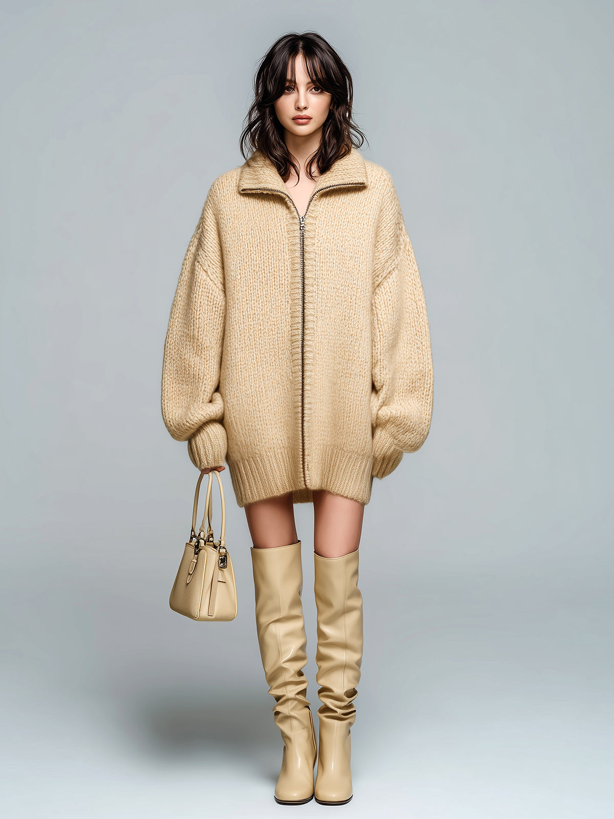 ElevenOra Chic Casual Beige Lapel Zip-Up Lantern Sleeve Slouchy Knit Cardigan