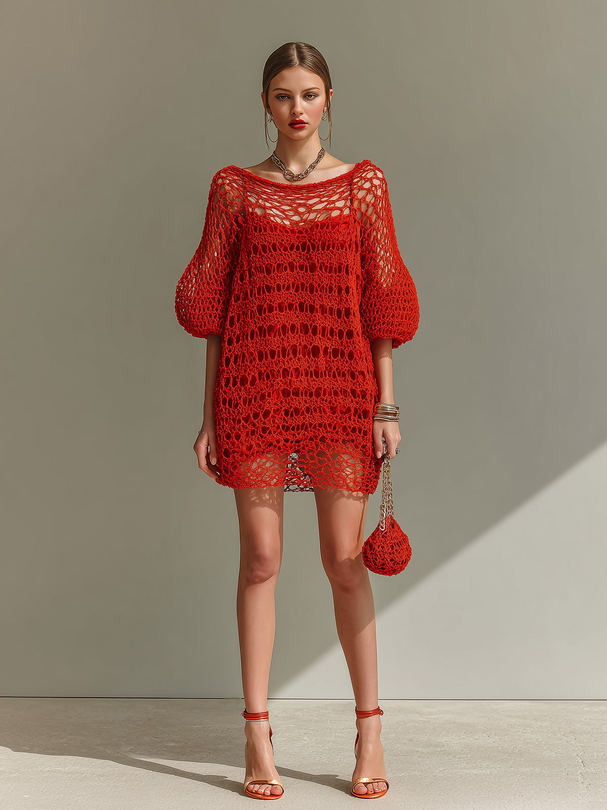 ElevenOra Chic Elegant Red Boat Neck Half Lantern Sleeve Loose-Fit Hollow Knit Mini Dress (Inner Slip Dress Included)