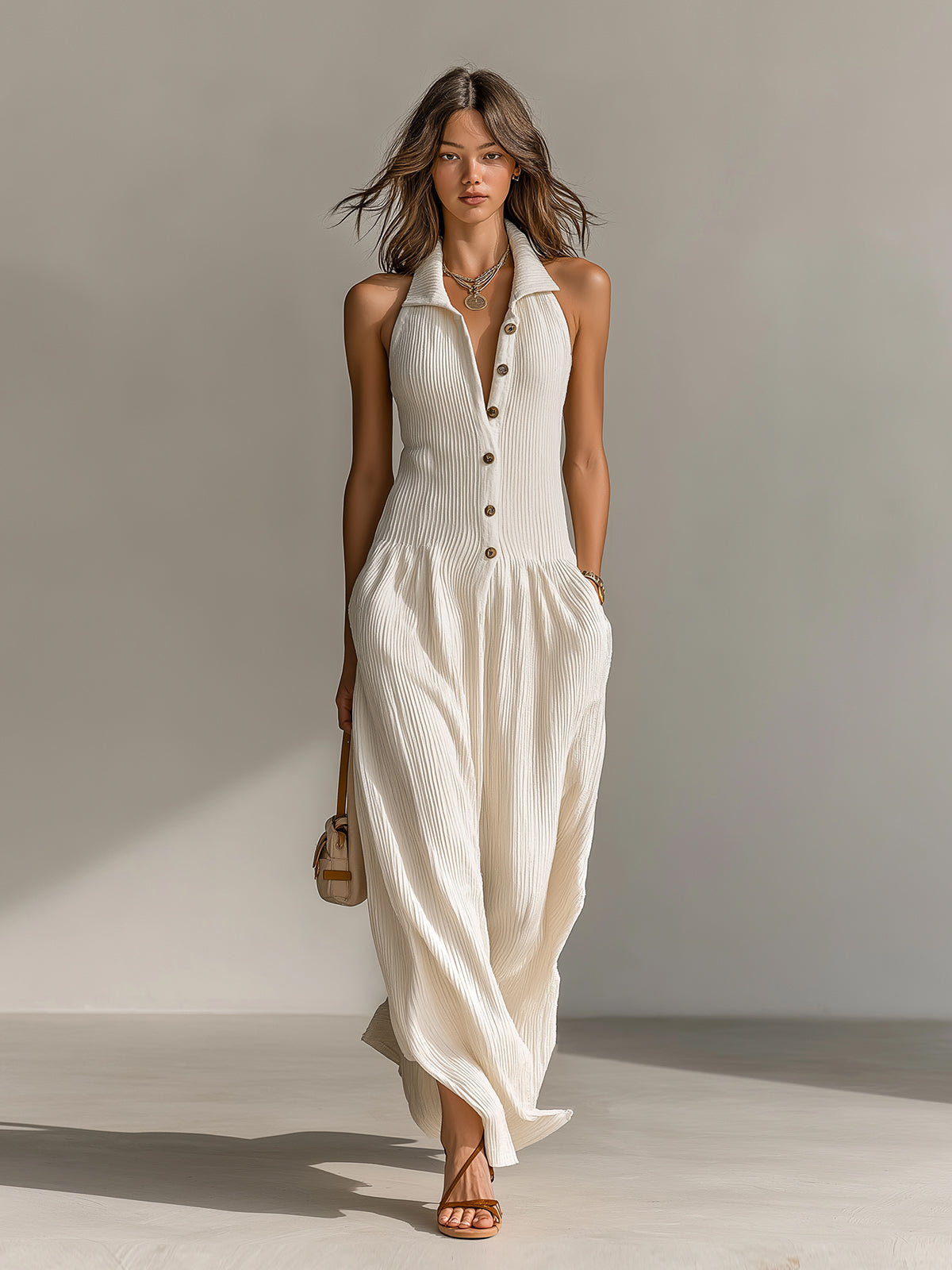 ElevenOra Chic Elegant Cream White Lapel Collar Button-Front Sleeveless Tailored Waist Loose-Fit Ribbed Knit Maxi Dress