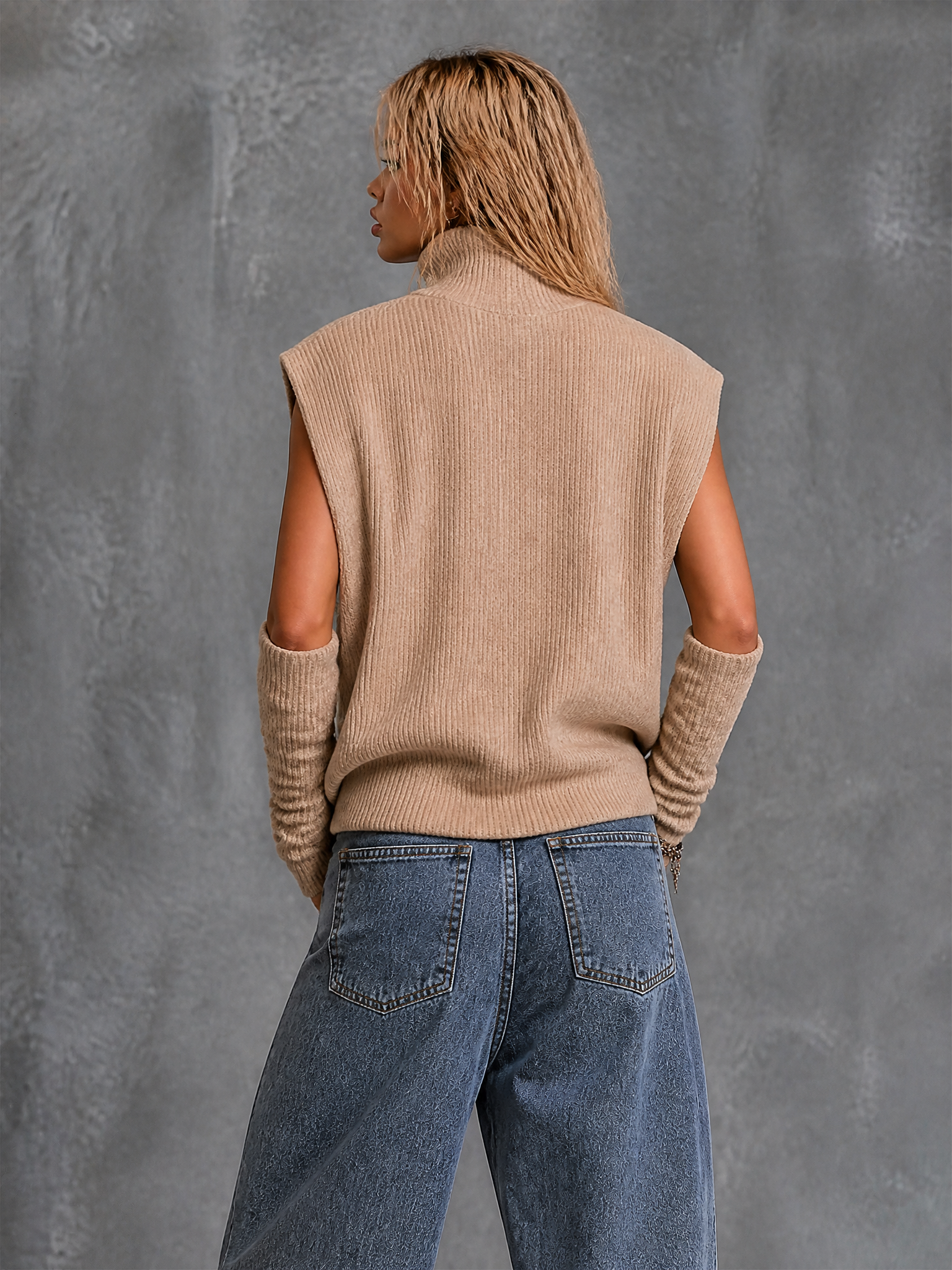 ElevenOra Chic Casual Beige Half‑Zip Turtleneck Letter Jacquard Sleeveless Long Arm Warmers Loose-Fit Knit Vest Top