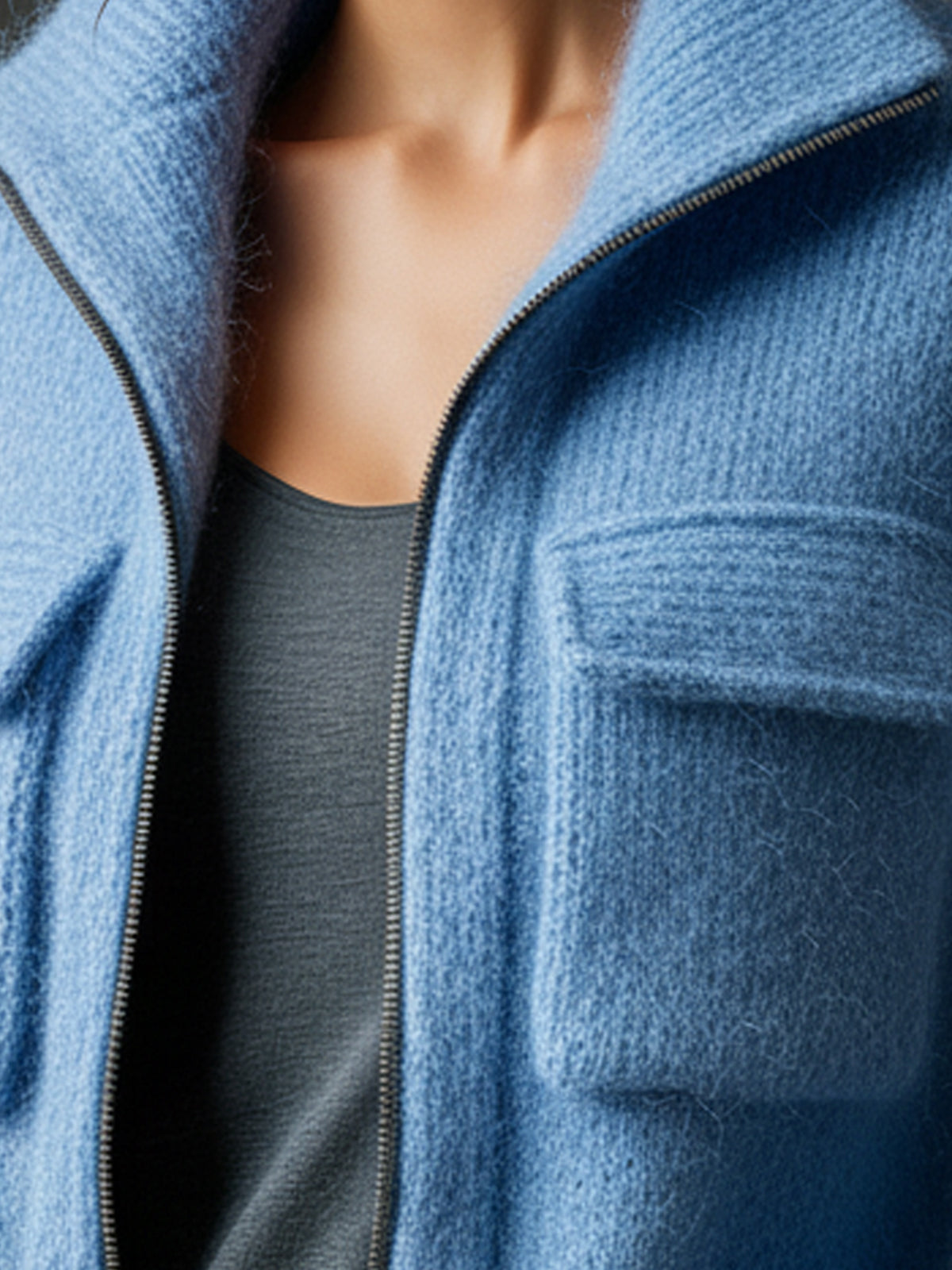 ElevenOra Chic Casual Blue Lapel Zipper-Front Multi-Pocket Long-Sleeve Loose Fuzzy Knit Mid-Length Cardigan