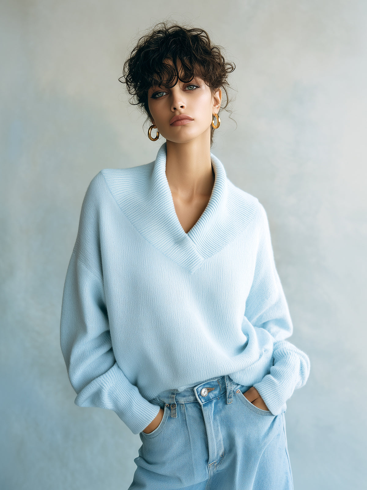 ElevenOra Chic Elegant Light Blue Shawl Collar Long-Sleeve Loose Ribbed Knit Sweater Top