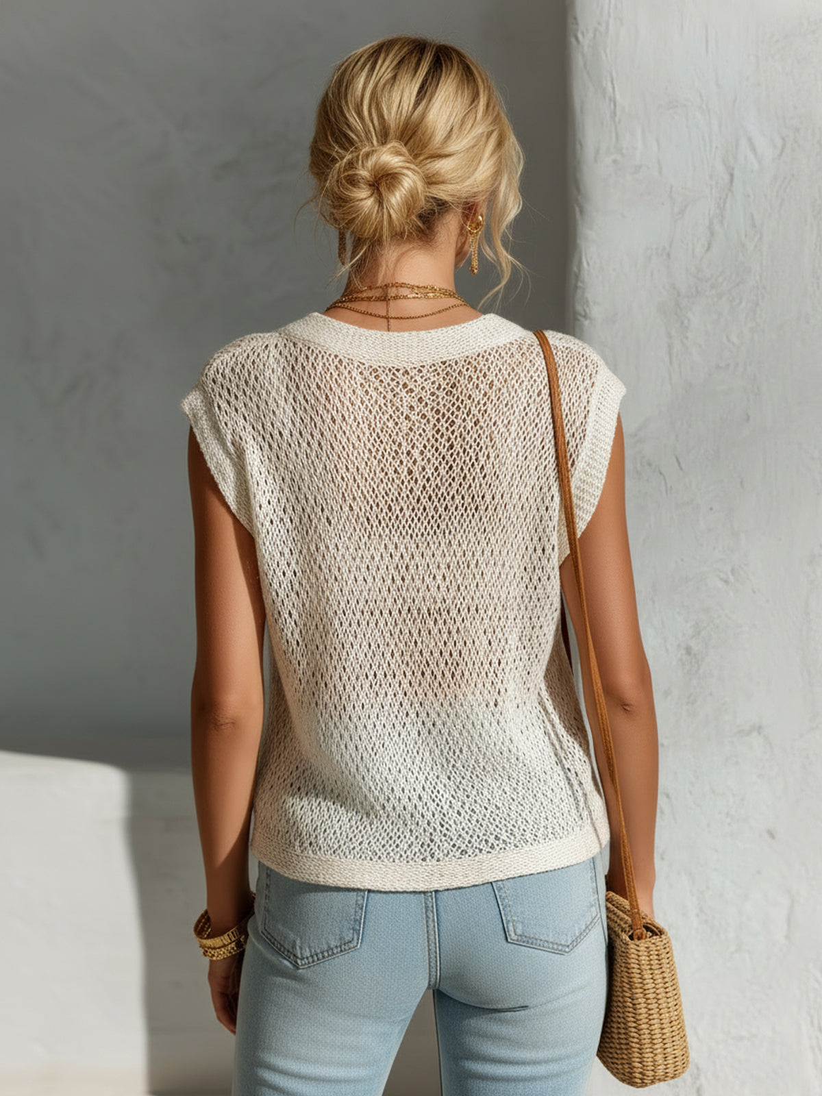 ElevenOra Chic Elegant Cream White Deep V-Neck Sleeveless Patch Pockets Loose-Fit Mesh Knit Vest Top