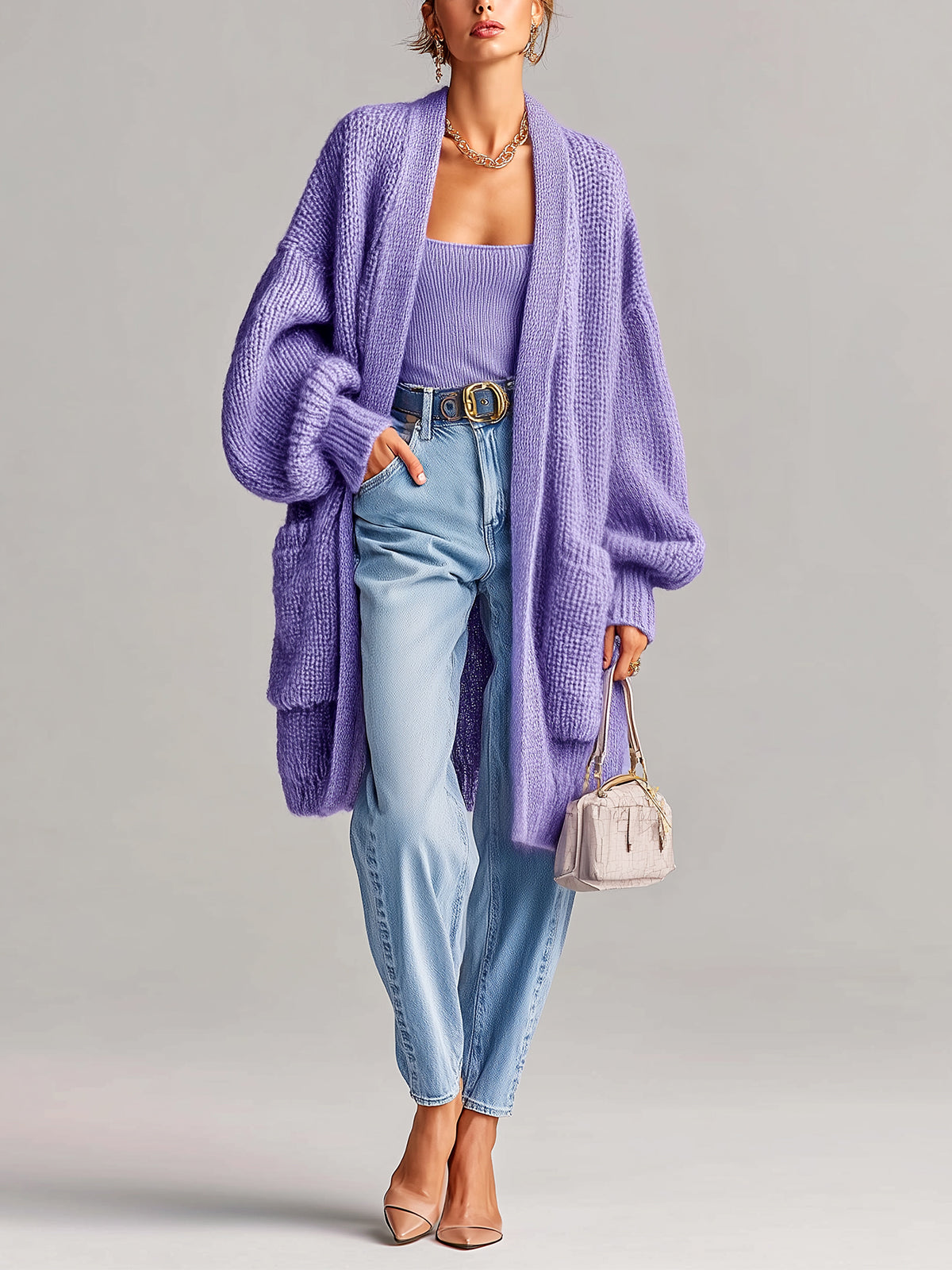 ElevenOra Chic Vintage Lavender Lantern Sleeve Large Patch Pockets Oversized Knit Mid-Length Cardigan