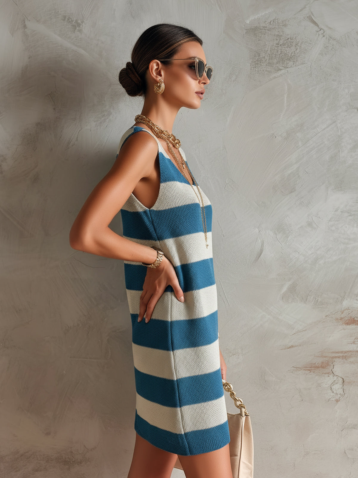 ElevenOra Chic Elegant Blue-White Stripes U-Neck Sleeveless Loose-Fit A-Line Knit Mini Dress