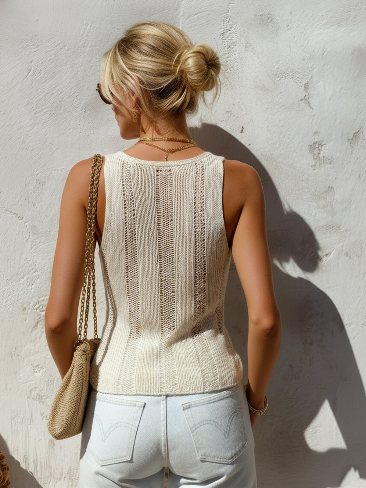 ElevenOra Chic Elegant Beige Round-Neck Sleeveless Hollow-Out Detail Slim-Fit Knit Tank Top