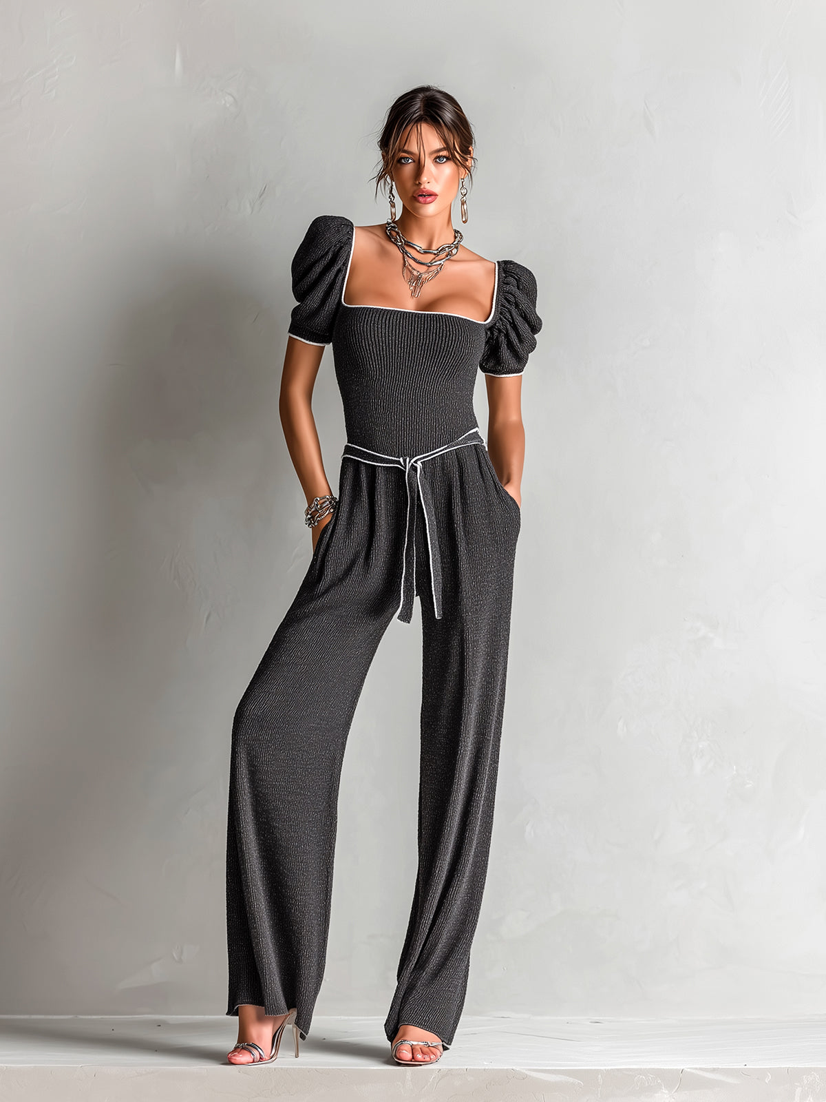 ElevenOra Chic Elegant Gray Square Neck Short Puff Sleeve Contrast Trim Detail Belted Wide Leg Ribbed Knit Jumpsuit