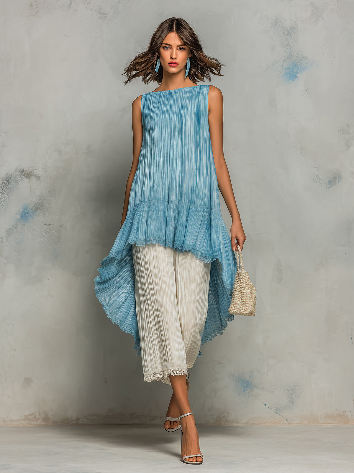 ElevenOra Chic Elegant Blue Boat-Neck Sleeveless Asymmetrical Hem Top Beige Cropped Pants Lace Trim Detail Cotton Blend Pleated Two-Piece Set