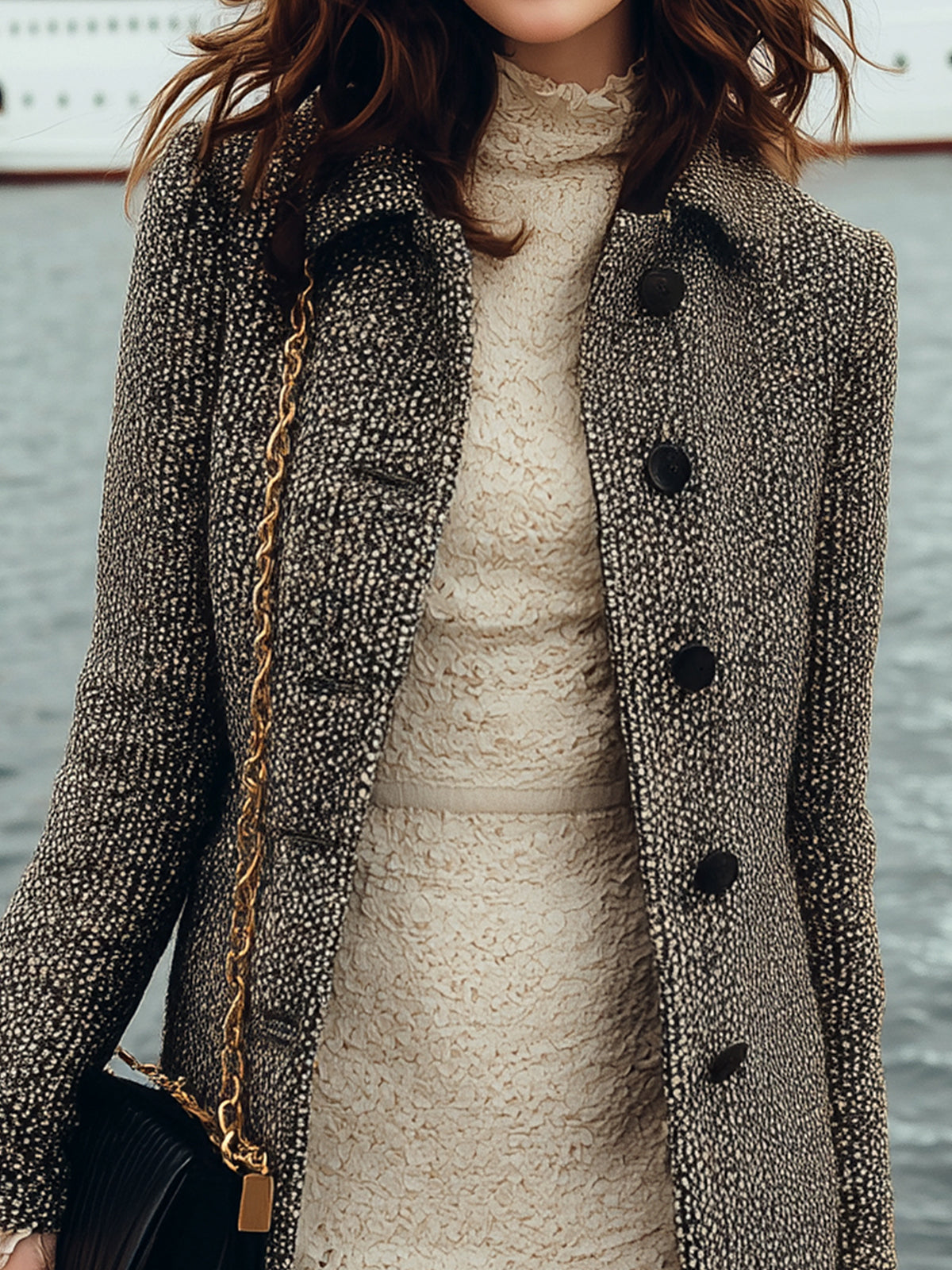 ElevenOra Vintage Tweed Peter Pan Collar Single-breasted Straight Mid-Length Coat