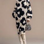 ElevenOra Chic Elegant Contrast Floral Jacquard Round Neck Long Sleeve Oversized Knit Midi Dress