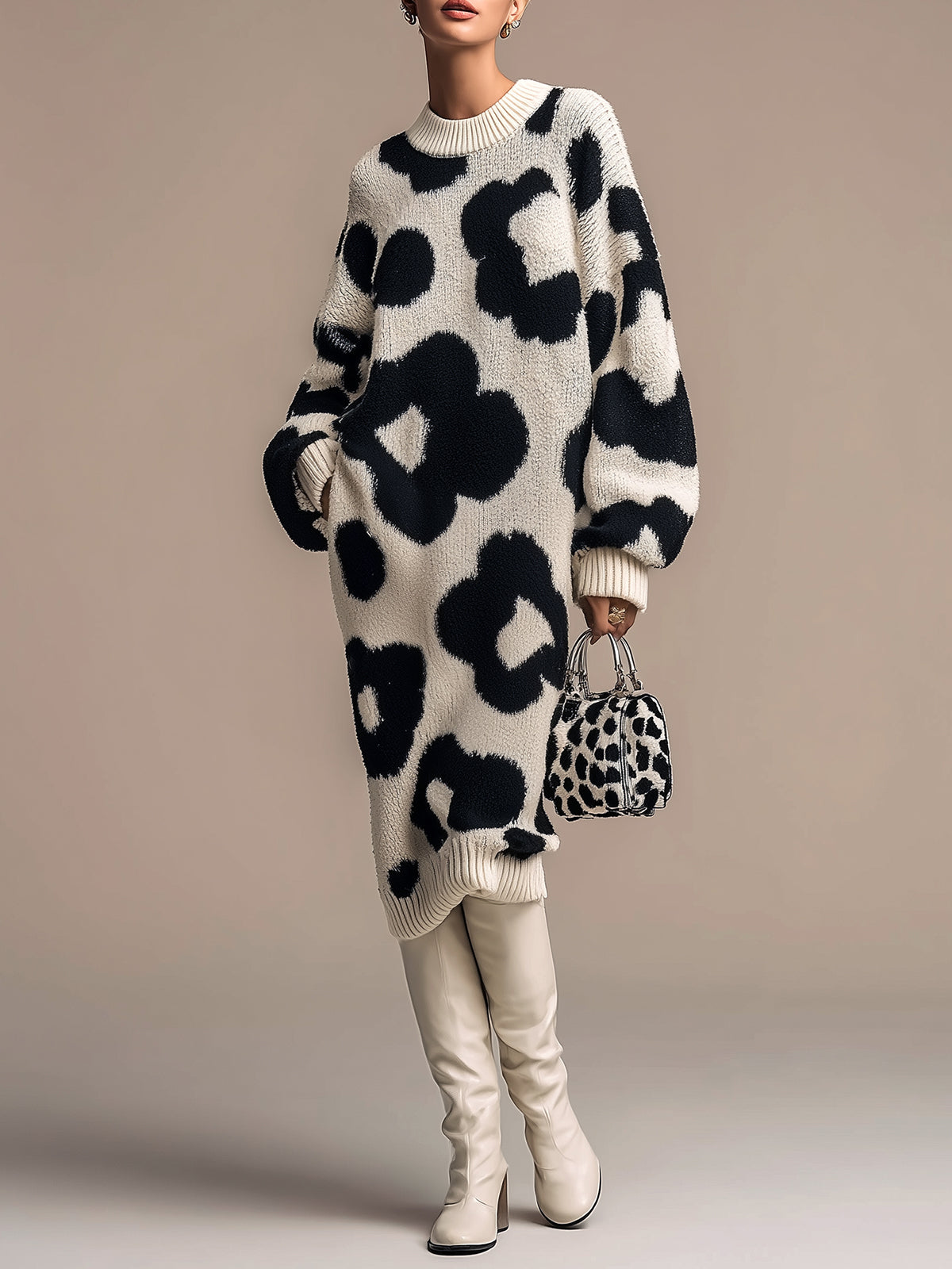 ElevenOra Chic Elegant Contrast Floral Jacquard Round Neck Long Sleeve Oversized Knit Midi Dress