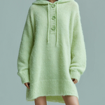ElevenOra Chic Casual Light Green Hooded Drawstring Botton Oversized Long Sleeve Knit Mini Dress