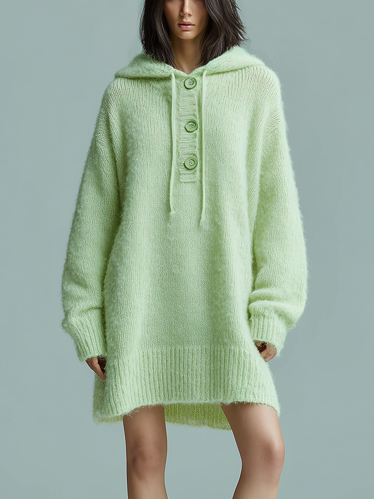 ElevenOra Chic Casual Light Green Hooded Drawstring Botton Oversized Long Sleeve Knit Mini Dress