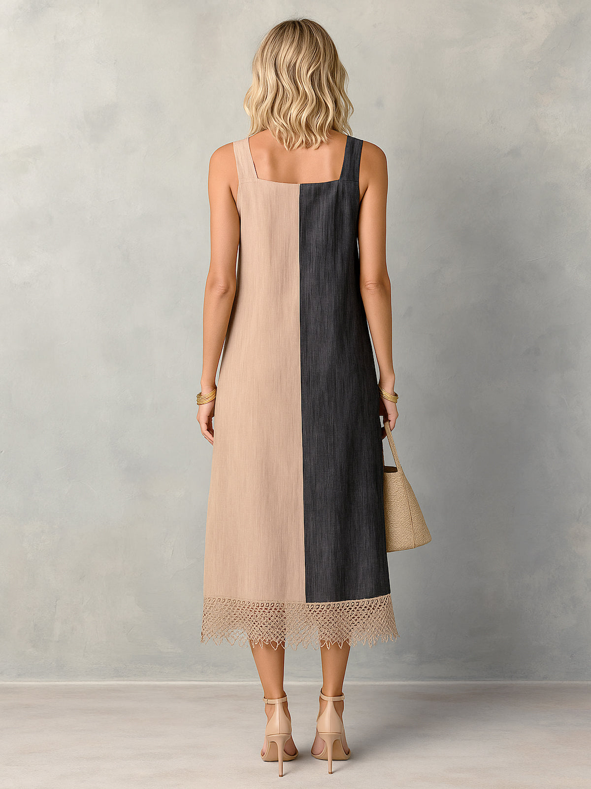 ElevenOra Chic Elegant Camel-Black Colorblock Cotton-Linen Square-Neck Sleeveless Lace Trim Hem A-Line Midi Dress