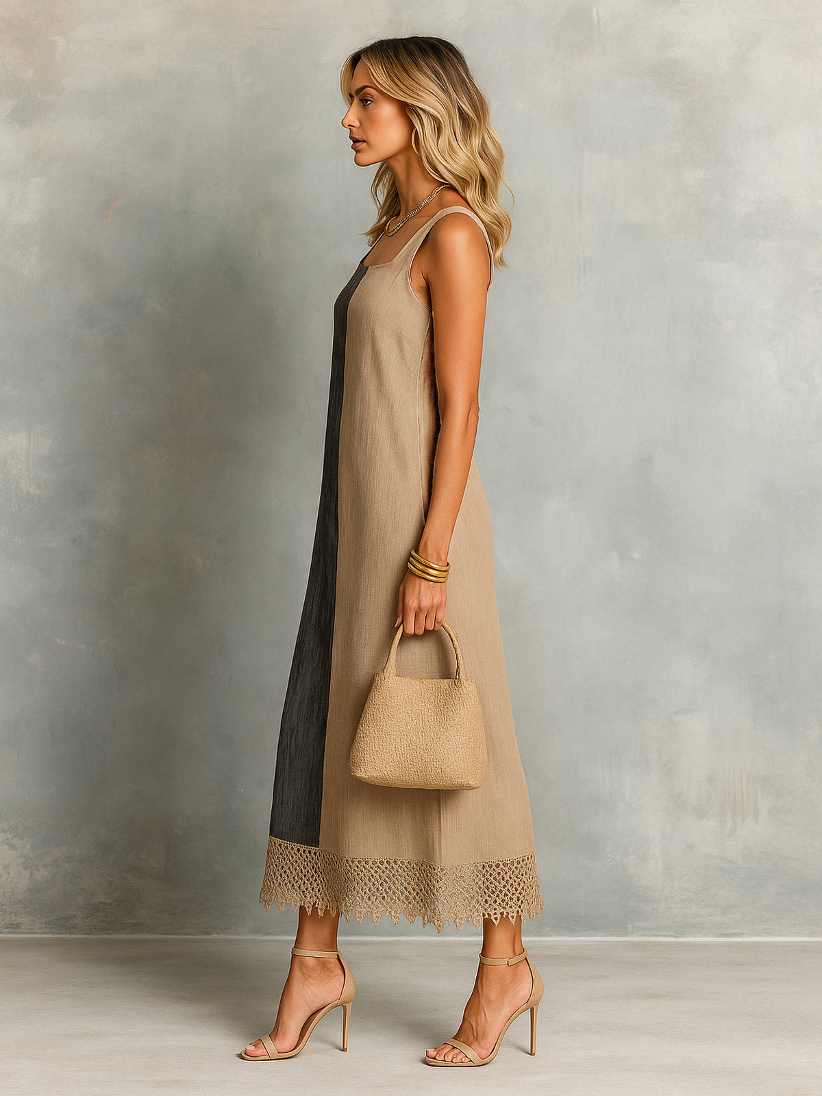 ElevenOra Chic Elegant Camel-Black Colorblock Cotton-Linen Square-Neck Sleeveless Lace Trim Hem A-Line Midi Dress