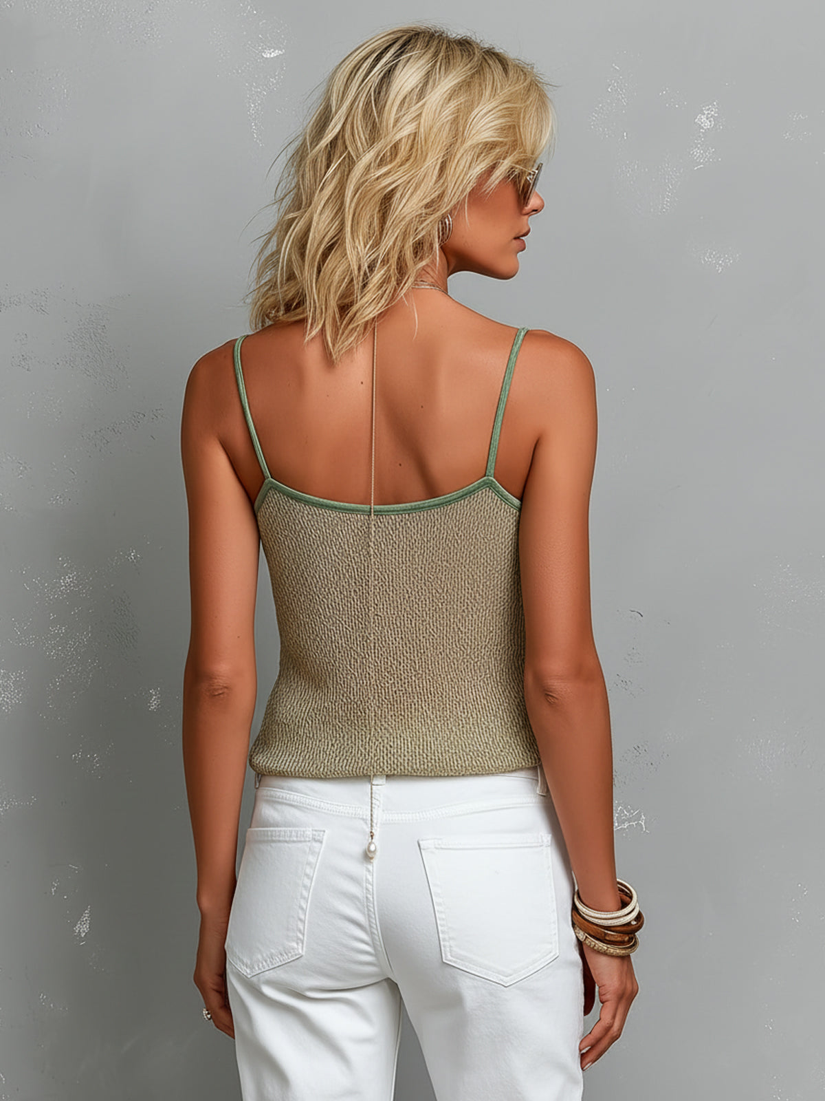 ElevenOra Chic Elegant Beige Spaghetti-Strap V-Neck Green Trimming Detail Loose-Fit Knit Camisole