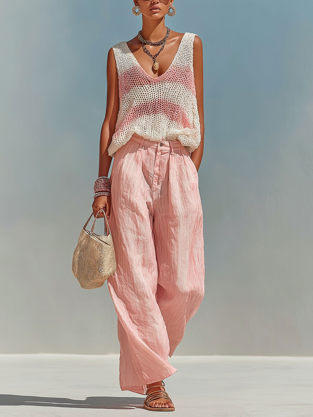 ElevenOra Chic Elegant Pink-White Stripes V-Neck Sleeveless Loose-Fit Knit Tank Top Pink Satin Pants Two-Piece Set