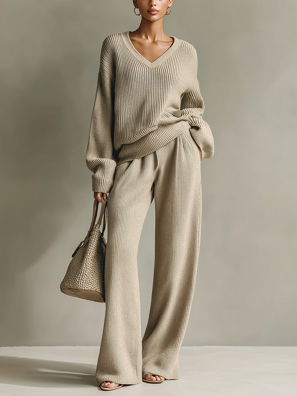 ElevenOra Chic Cozy V-neck Oversized Long-sleeved Sweater Wide-leg Pants Ribbed Knit Two-piece Set