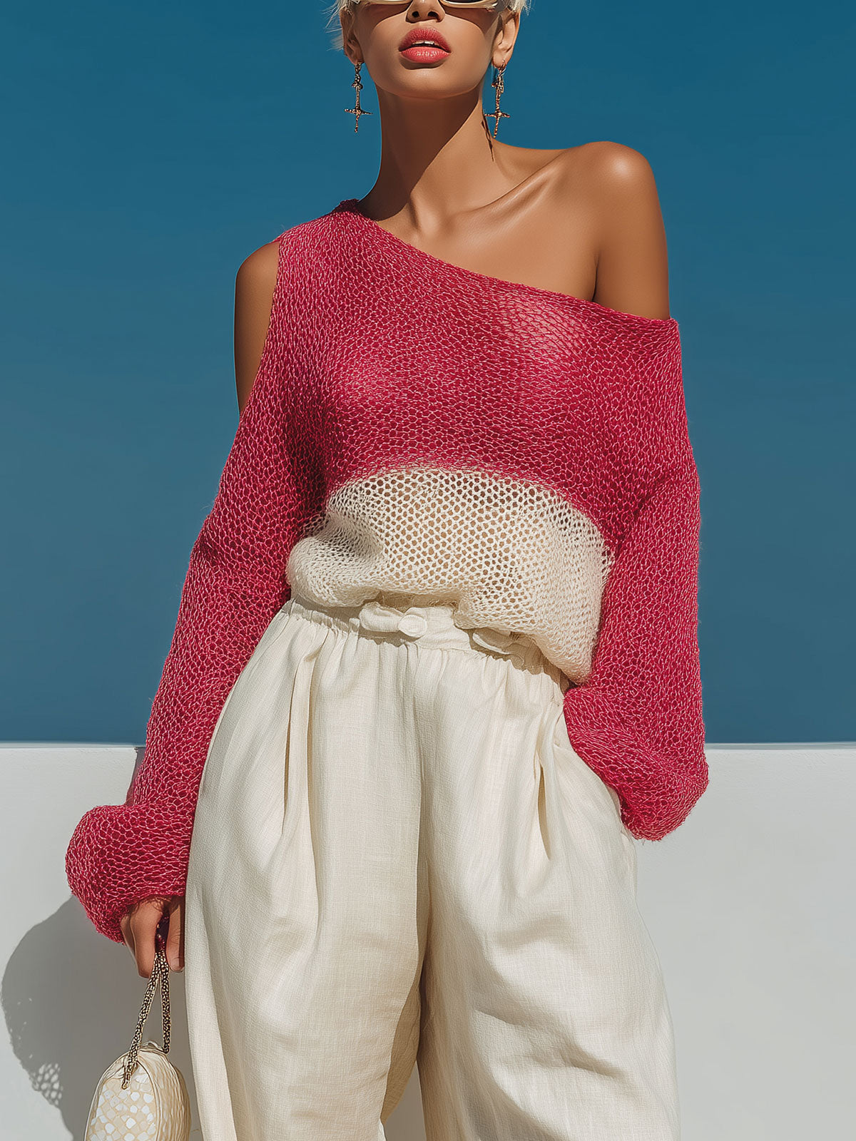 ElevenOra Chic Casual Hot Pink-White Colorblock One-Shoulder Cutout Detail Long-Sleeve Loose-Fit Breathable Knit Sweater Top